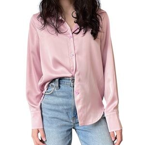 Pink Button Up Women’s Button Up Long Sleeve Satin Blouse- Size Small